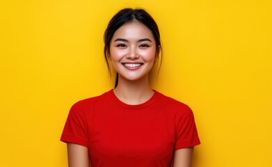 Smiling brightly in a yellow attire, a young woman radiates confidence and cheerfulness, showcasing a stylish and lively spirit.