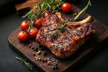 Grilled pork chop with rosemary and cherry tomatoes on a wooden cutting board.