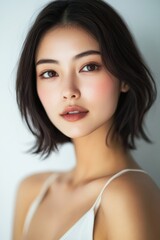Naklejka premium A senior Asian woman with shoulder-length hair poses in a bikini, exuding confidence and grace against a clean white background.