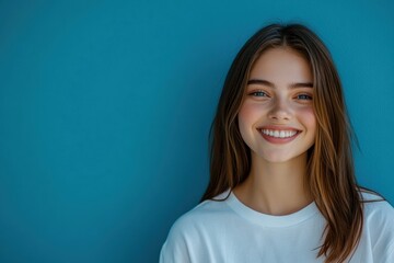 Fototapeta premium Smiling brightly, a Caucasian woman in a white shirt poses confidently against a turquoise backdrop, highlighting her charm and beauty.