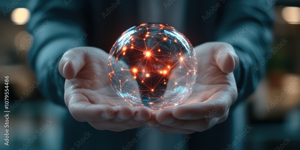 Poster digital connectivity hands holding a transparent globe in a modern office environment conceptualizin