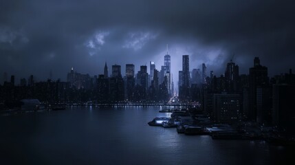 New York City skyline at night with illuminated skyscrapers on an isolated white background. Concept of cityscape and urban design template 