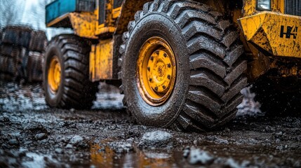 Close-up of a muddy tire on a yellow tractor.