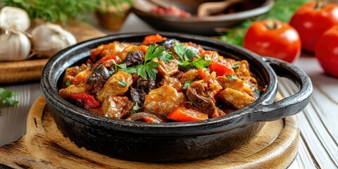 Fototapeta premium Delicious traditional stew preparation modern kitchen food photography cozy environment close-up culinary art