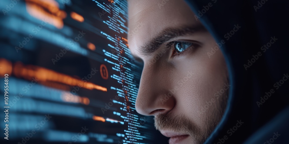 Poster focused programmer analyzing holographic code interface in a dark tech environment