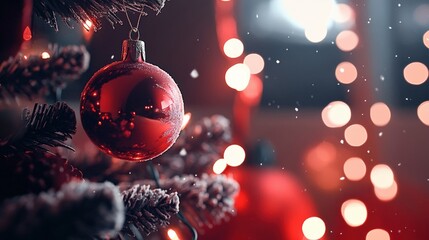 Festive red bauble decoration hanging on Christmas tree with sparkling lights in the background.