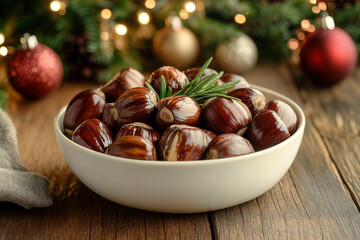 Bowl of Roasted Chestnuts with Rosemary Garnish for Christmas