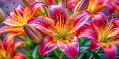 Fototapeta premium Close-up shot of vibrant lily flowers showcasing intricate stamens and pistils , botanical, blooming, close-up, detailed, vibrant