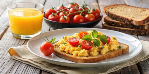 Healthy breakfast with scrambled eggs, toast, cherry tomatoes, and fresh orange juice, breakfast, healthy