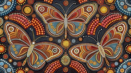 Australian Aboriginal dot painting style art dreaming with butterflies in traditional colors Aboriginal