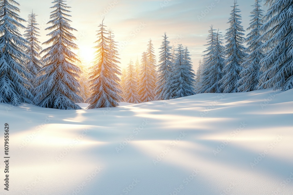 Poster A snowy field with trees in the background