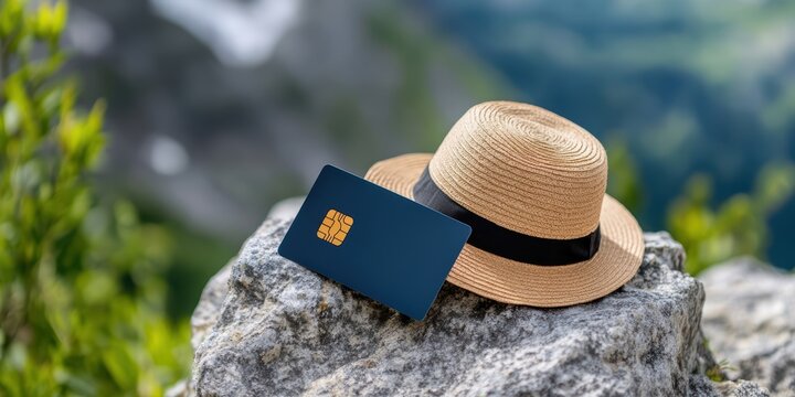Travel adventure with credit card and hat scenic mountain landscape outdoor relaxation nature viewpoint for travelers