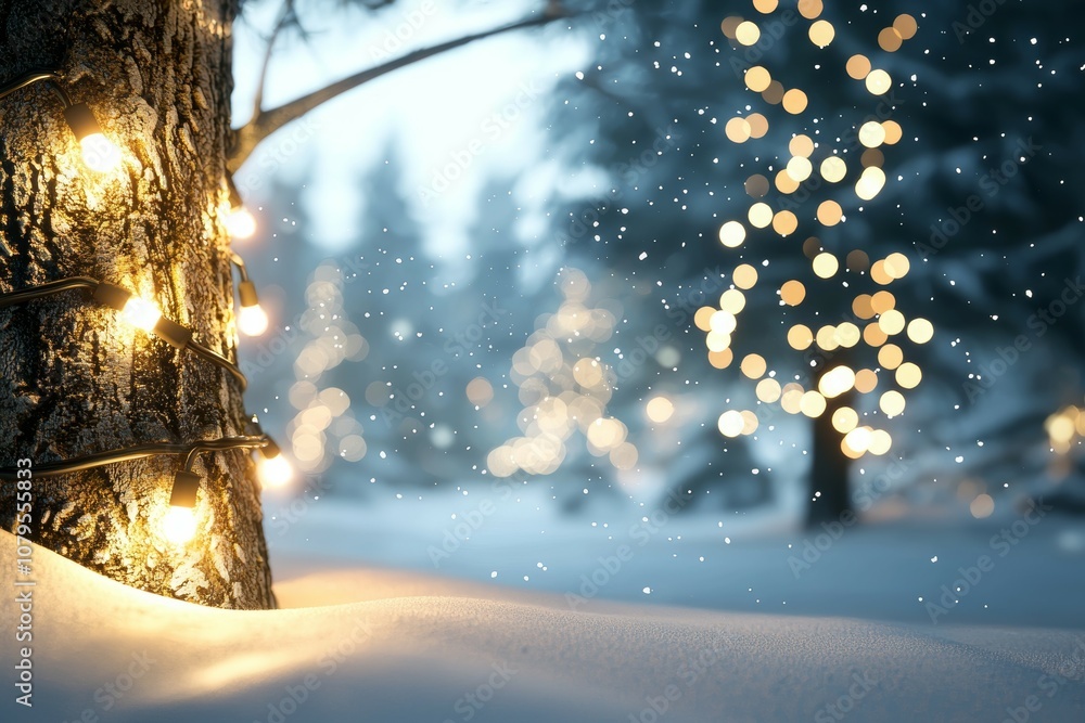 Poster a tree with lights on it in the snow