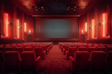 Dramatic Cinema Hall with Red Velvet Seats and Warm Lighting
