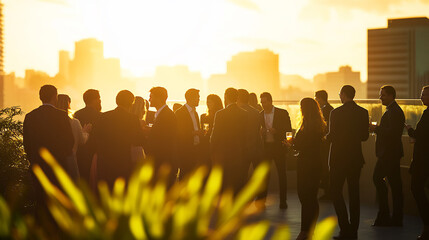 Business Professionals Networking on a Rooftop Terrace During a Sunset Event with City Skyline Views