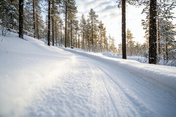 Fototapeta premium A snow covered road with trees in the background