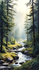 Fototapeta premium A serene forest landscape with a flowing stream during early morning light. Generative AI