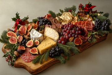Holiday Cheese and Charcuterie Board with Figs, Grapes, and Holly