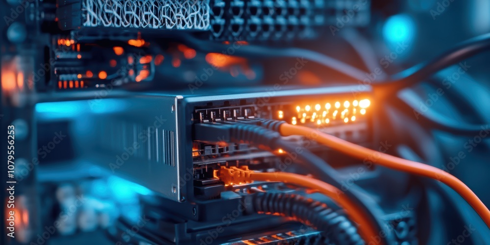 Poster closeup action of wifi router connection data center technology image high-tech environment dynamic 