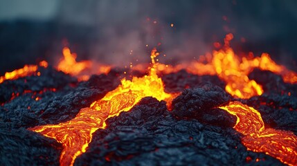 Lava flow with vibrant orange and black textures on a volcanic landscape.