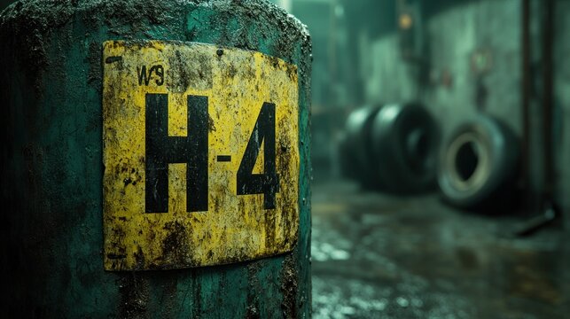 Close-up of a yellow sign with the letters "H-4" on a weathered, green metal surface.