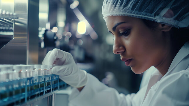 Side profile of a female pharmaceutical lab scientist pharmacist examining medical vials In a healthcare factory