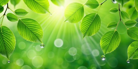 Naklejka premium Green leaves with fresh spring drops, nature, foliage, environment, water droplets, morning, dew, freshness, springtime, lush