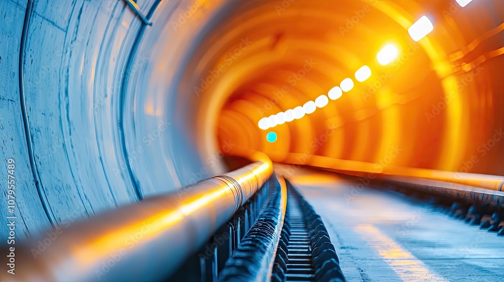 Poster illuminated tunnel path with orange lights and rail track perspective.
