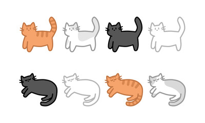 Set de ocho gatos tiernos de colores. Gatos parados y durmiendo.