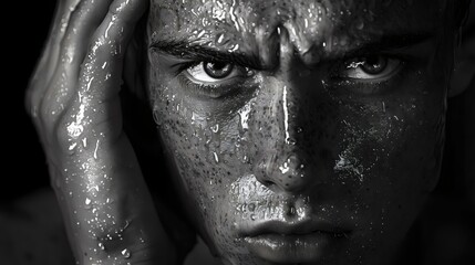 A man with a wet face and a scruffy beard