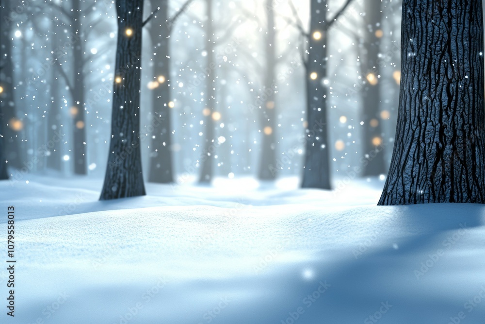 Poster a snowy forest with a tree in the foreground