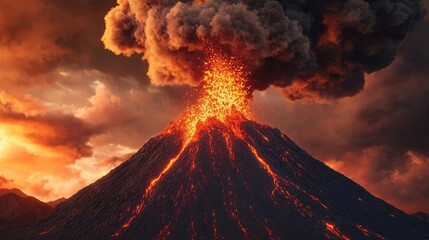 Fototapeta premium Erupting volcano with lava and ash against a dramatic sunset sky.