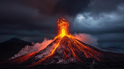 Fototapeta premium Erupting volcano with lava flow, dramatic clouds above, glowing hot magma.