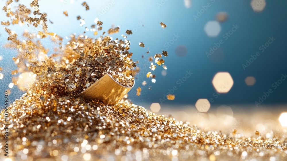 Poster glittering gold particles scattered in dynamic motion on a reflective surface.