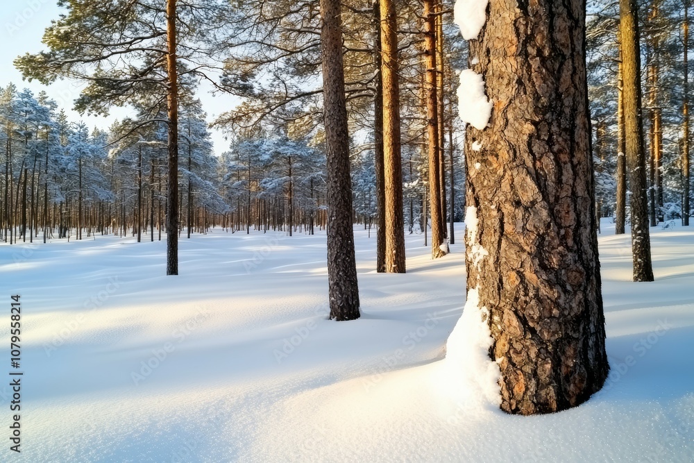 Poster a tree trunk is covered in snow and the snow is piled up on the ground