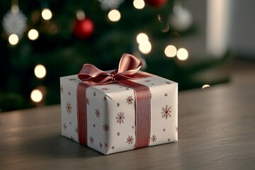 A white box with red ribbon sits on a wooden table