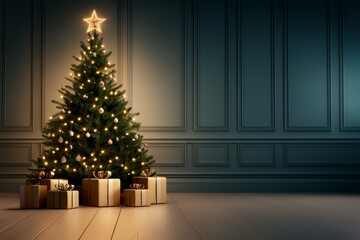 A large Christmas tree with a star on top stands in a room with a dark blue wall