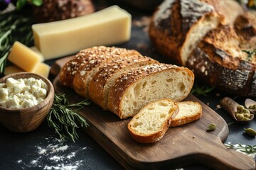 Slices of crusty bread on a wooden cutting board with cheese and rosemary.