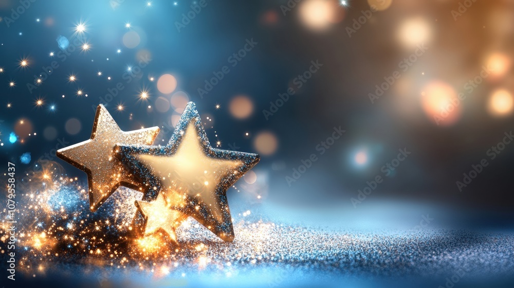 Poster glittering stars with bokeh on a blue background create a magical festive atmosphere.