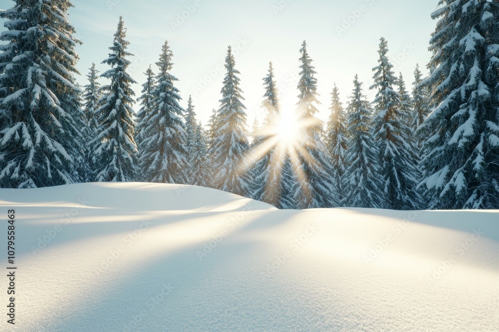 Poster a snowy field with trees in the background