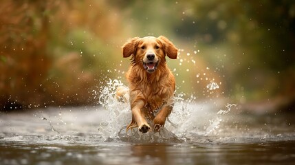 Golden Retriever Running Through Water