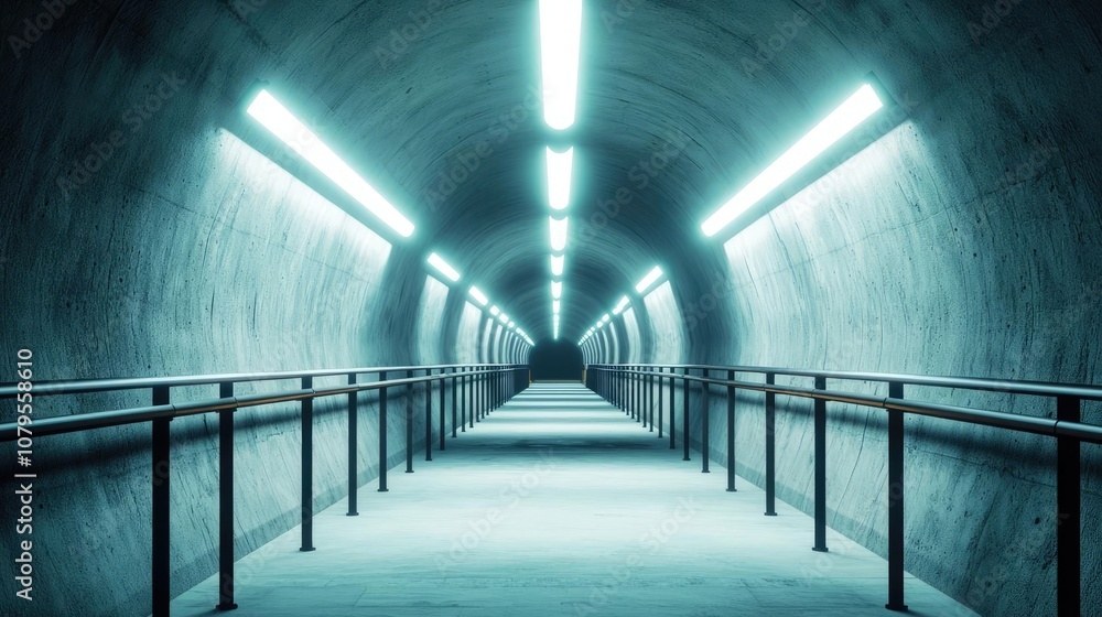 Poster futuristic tunnel with glowing lights and railings, creating a deep perspective.