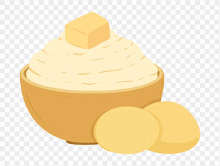 Thanksgiving mashed potatoes with  pat of melted butter on top, alongside whole potatoes next to bowl, in a minimalist style and transparent background. Perfect for Thanksgiving designs and holiday