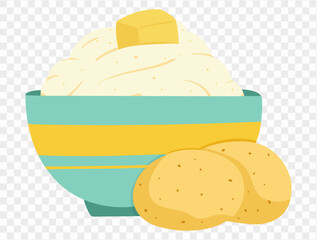 Thanksgiving mashed potatoes with  pat of melted butter on top, alongside whole potatoes next to bowl, in a minimalist style and transparent background. Perfect for Thanksgiving designs and holiday