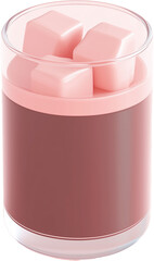 A pastel pink and brown scented candle with decorative wax cubes in a clear glass holder displayed on a clean surface