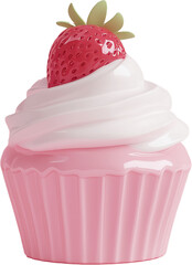 A charming cupcake with cream frosting and a fresh strawberry topping