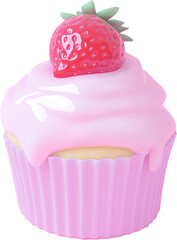 A charming cupcake with cream frosting and a fresh strawberry topping