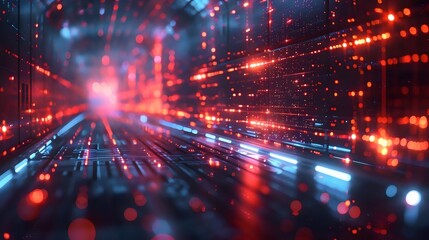 A computer generated image of a tunnel with red and blue lights