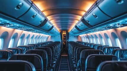 Fototapeta premium Explore the tranquil atmosphere of airplane aisles enhanced by ambient blue lighting during your next travel adventure
