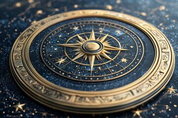 Fototapeta premium A gold and blue circle with a compass on it